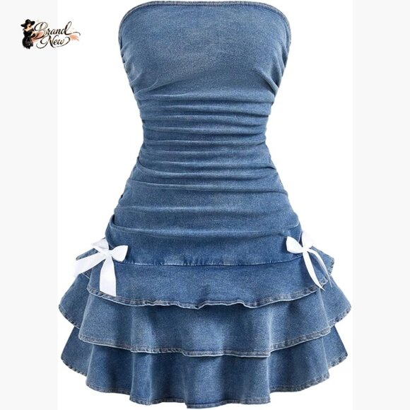 Dresses & Skirts - Layered Ruffle Denim Mini Dress Strapless Bandeau Bow Jean Dresses
